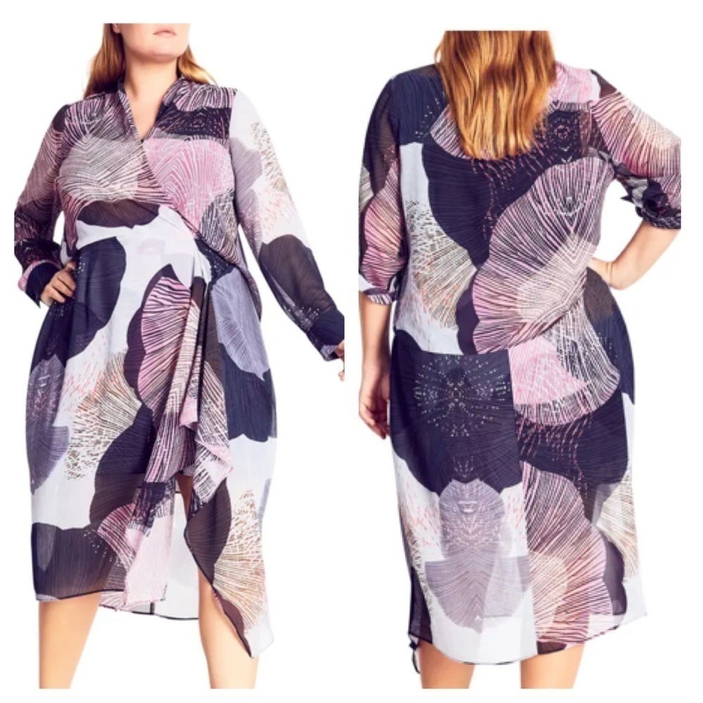 CITY CHIC Reef Long Sleeve Faux Wrap DressBlue Pink Floral Size 12 XXS NWT